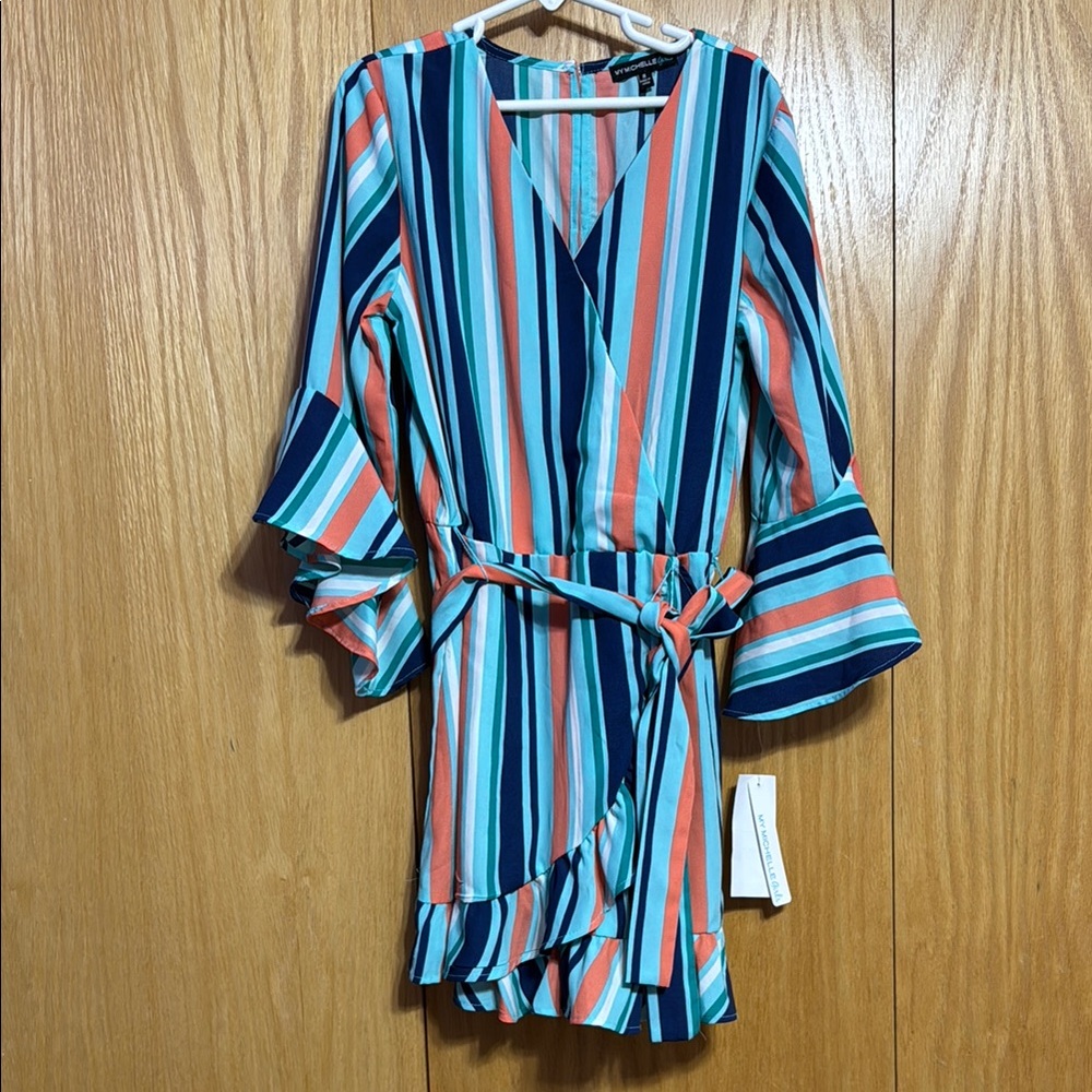 My Michelle Girls Blue & Coral Wrap Shorts Jumpsuit with Bell Sleeves